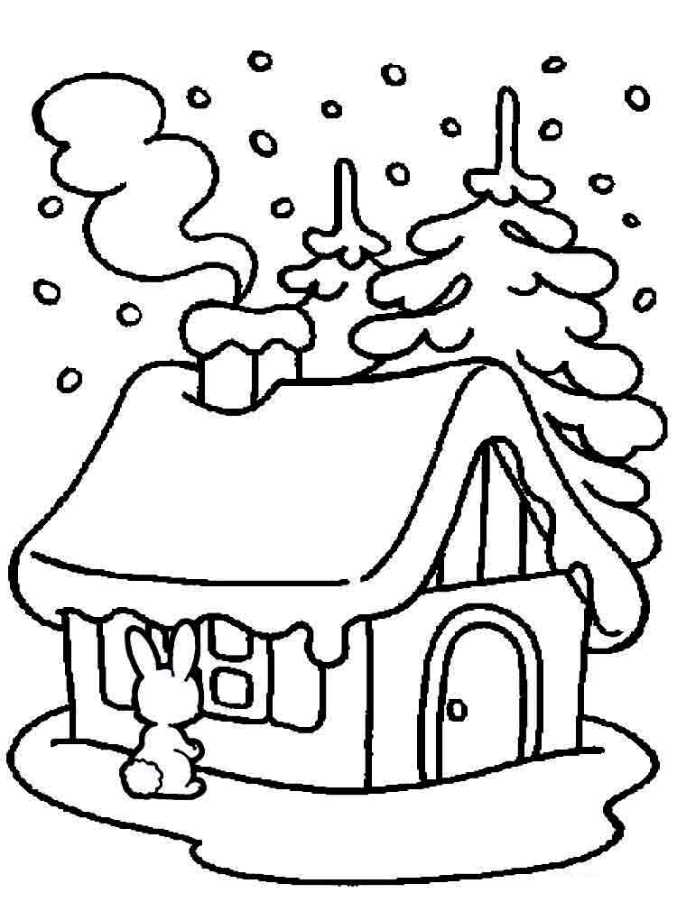 раскраска зимний домик в лесу распечатать бесплатно
