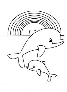 раскраска дельфины мама с ребенком и радуга